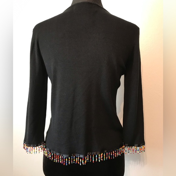 Joseph A Silk Black V-Neck Pull-over Top with Bead Fringe Size M - Picture 4 of 8